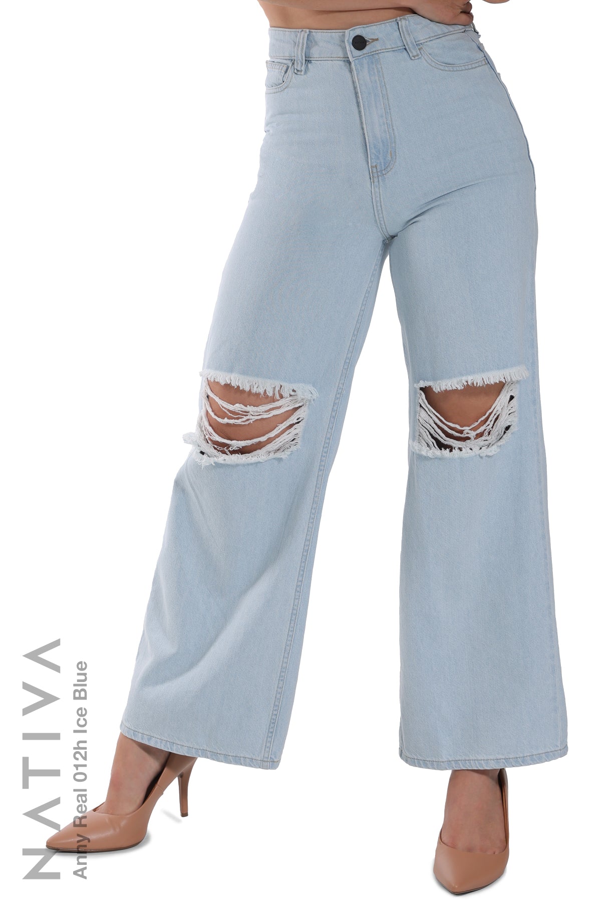 WIDE LEG True Denim Jeans, ANNY REAL 012H ICE BLUE. Talle Alto. Auténtico e Interminable. Cintura Ajustable PERFECT FIT®