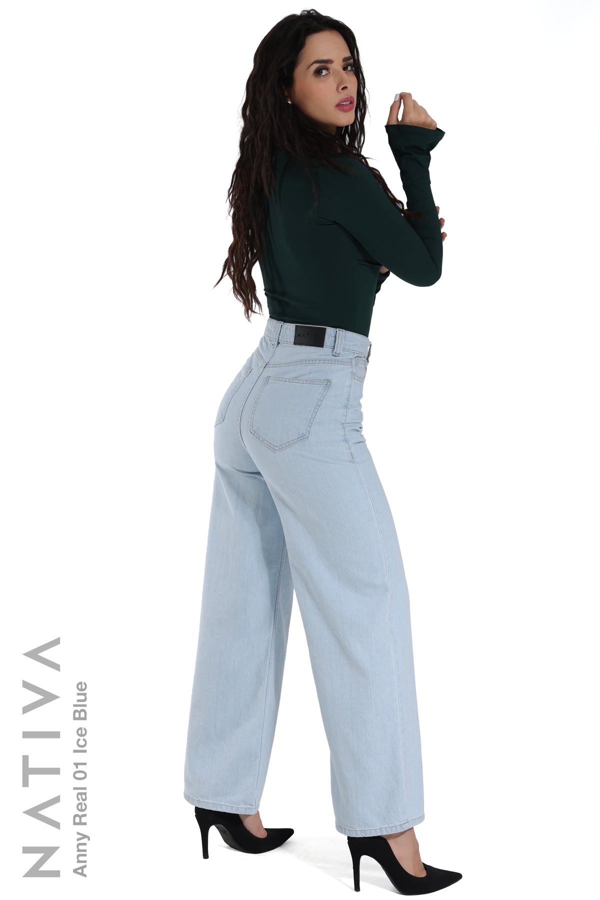 WIDE LEG True Denim Jeans, ANNY REAL 01 ICE BLUE. Talle Alto. Auténtico e Interminable. Cintura Ajustable PERFECT FIT®