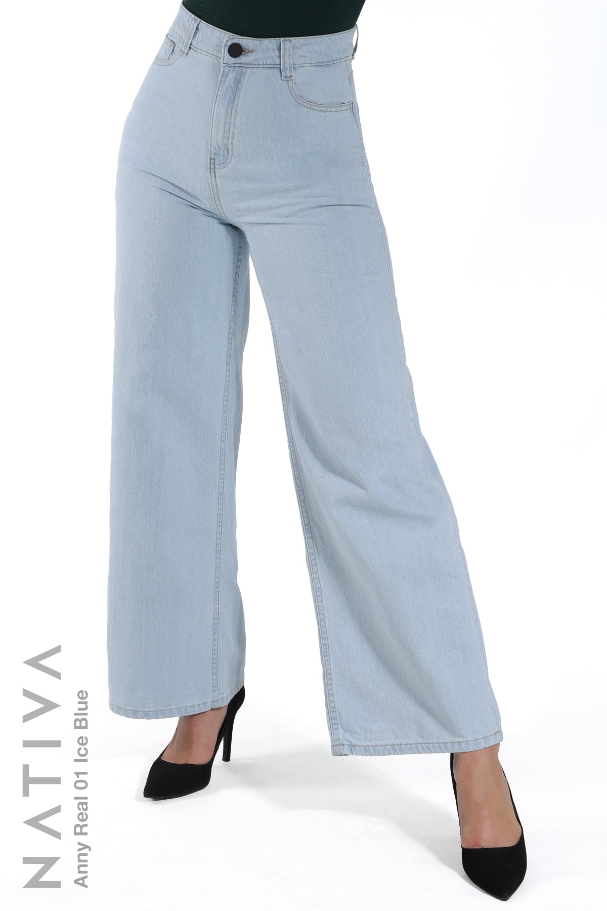 WIDE LEG True Denim Jeans, ANNY REAL 01 ICE BLUE. Talle Alto. Auténtico e Interminable. Cintura Ajustable PERFECT FIT®