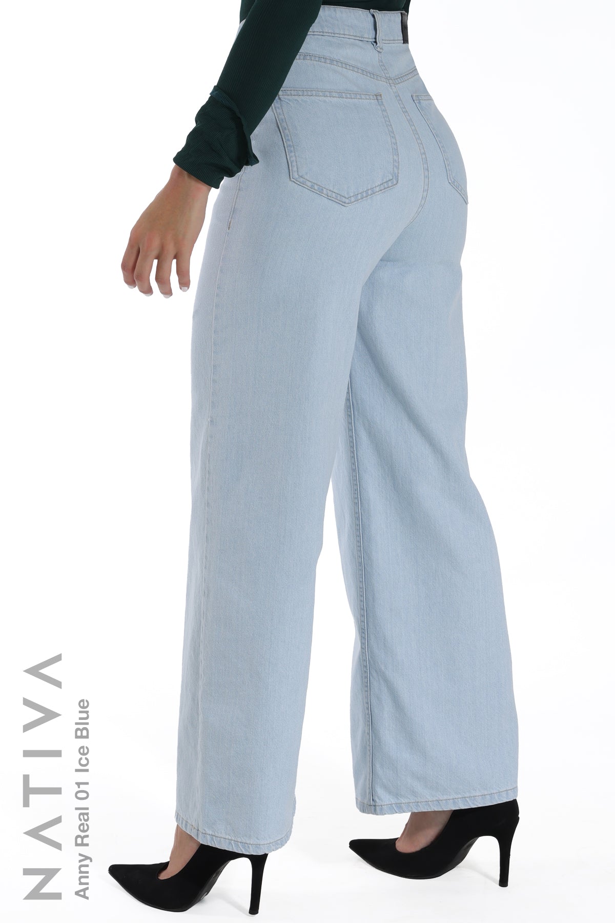 WIDE LEG True Denim Jeans, ANNY REAL 01 ICE BLUE. Talle Alto. Auténtico e Interminable. Cintura Ajustable PERFECT FIT®