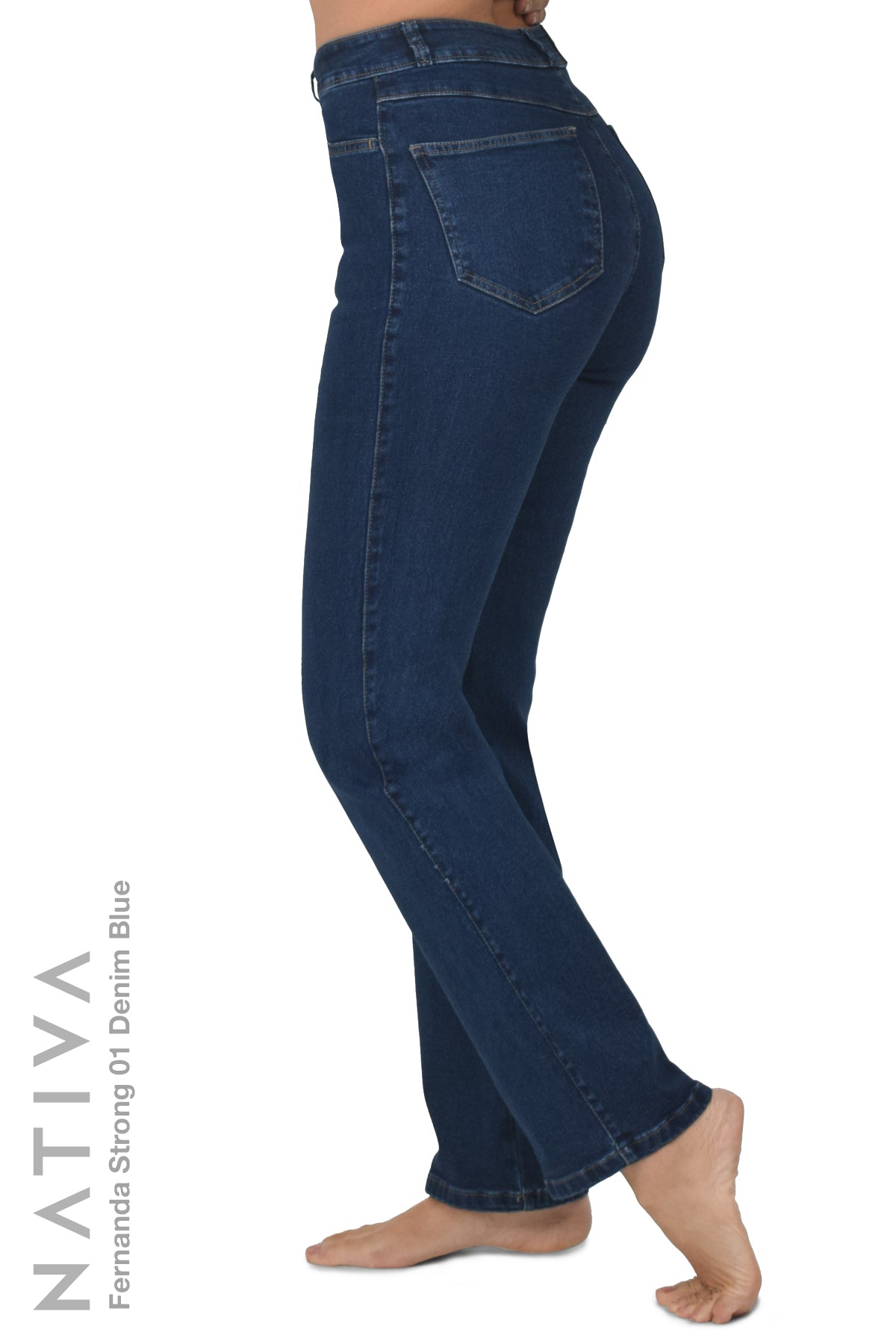 STRAIGHT JEANS, FERNANDA STRONG 01 DENIM BLUE. Talle Alto. Con tejidos